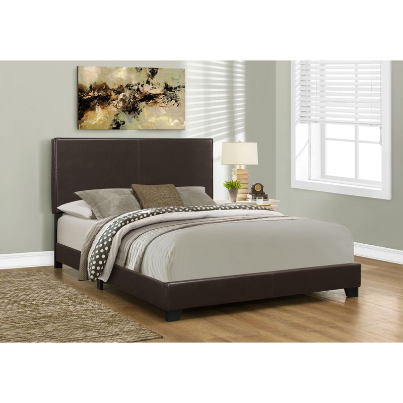 Bed/ Queen Size/ Platform/ Bedroom/ Frame/ Upholstered/ Pu Leather Look/ Wood Legs/ Brown/ Transitional