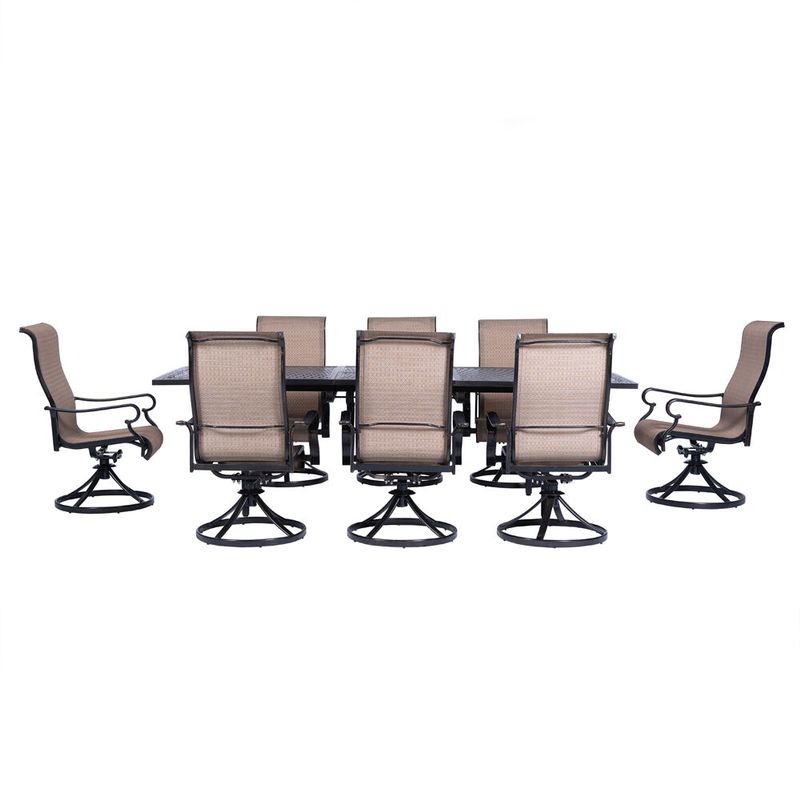 Brigantine 9pc: 8 Sling Swivel Rockers, Expandable Cast Dining Table