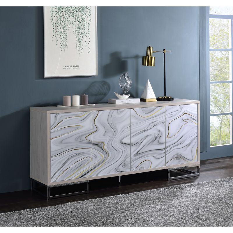 ACME Panos Console Cabinet, White Marble Paint & Chrome Finish