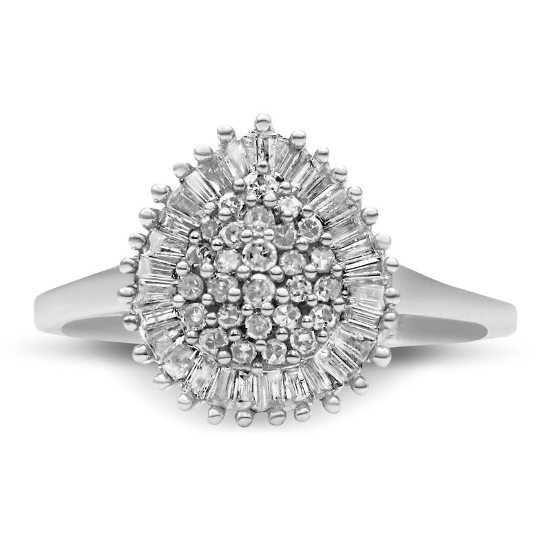 10K White Gold 1/2 Cttw Round & Baguette Cut Diamond Pear Shaped Domed Pavé Cluster with Halo Cocktail Ring (H-I Color, SI1-SI2 Clarity) - S