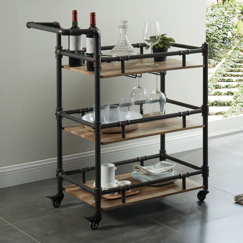 Industrial Metal Serving Cart in Antique Black/Oak