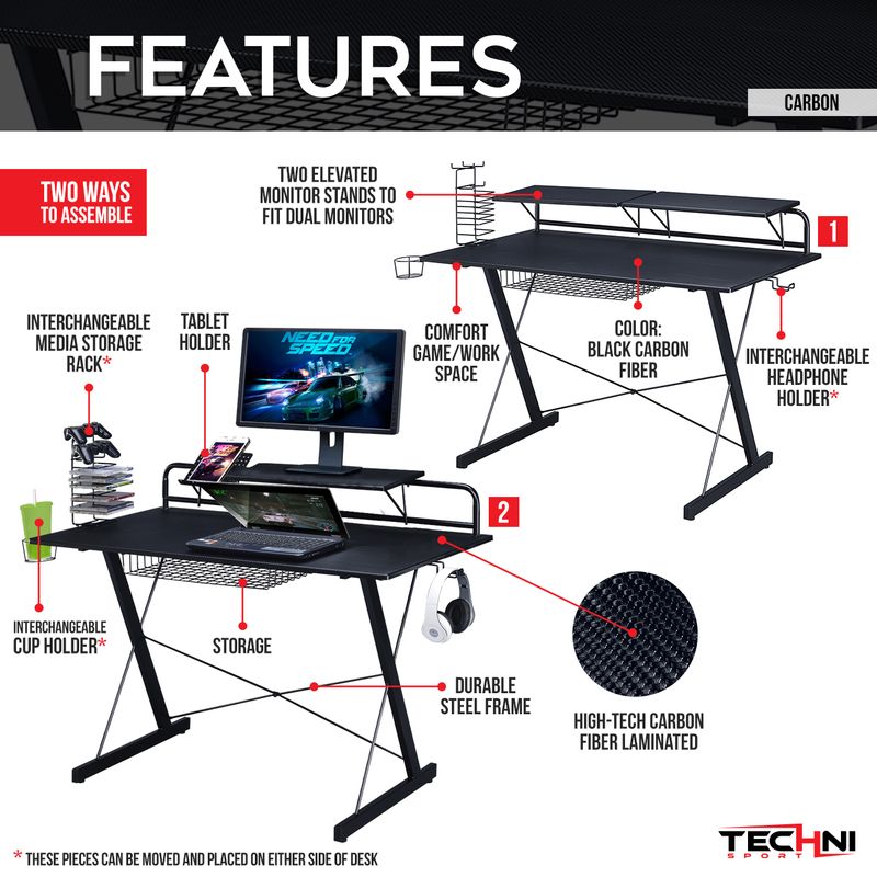 Carbon Computer Gaming Desk with Shelving, Black