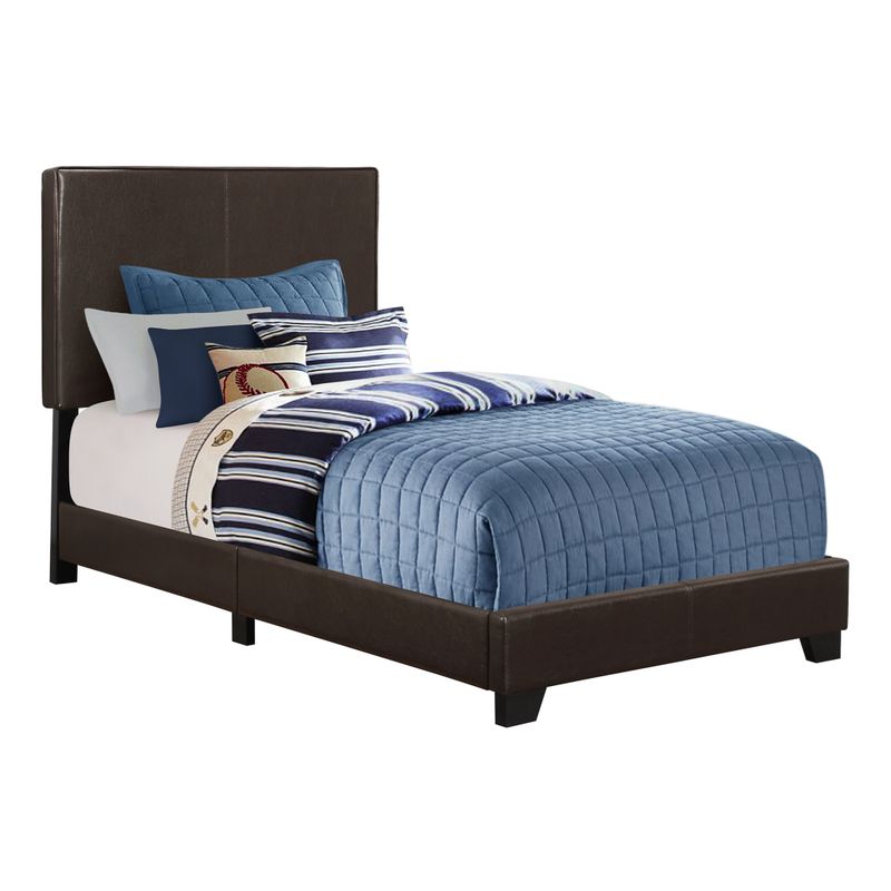 Bed/ Twin Size/ Platform/ Bedroom/ Frame/ Upholstered/ Pu Leather Look/ Wood Legs/ Brown/ Transitional