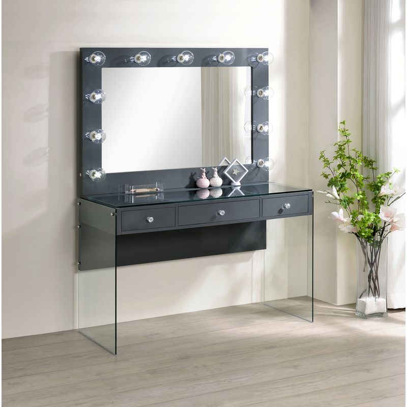 3-drawer Vanity Desk with Lighting Mirror Grey High Gloss