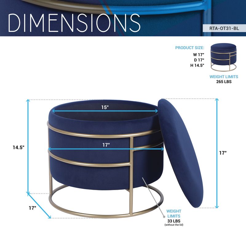 Techni Home Elegant Velvet Round Ottoman with Gold Frame and Storage, Blue