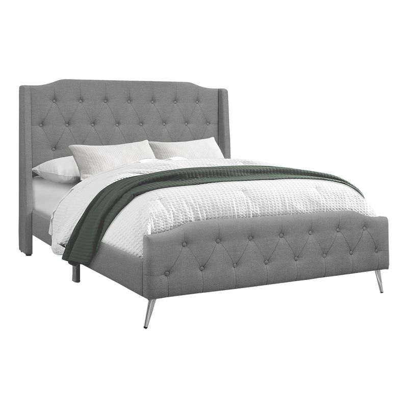 Bed - Queen Size / Grey Linen With Chrome Metal Legs