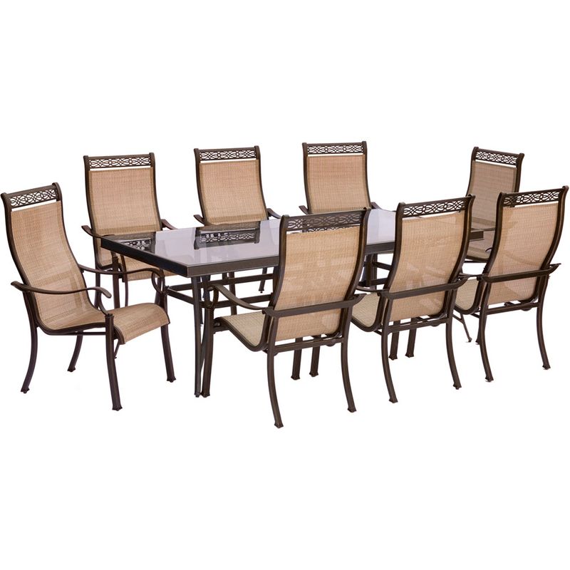 Monaco 9pc: 8 Sling Dining Chairs, 42x84" Glass Top Table