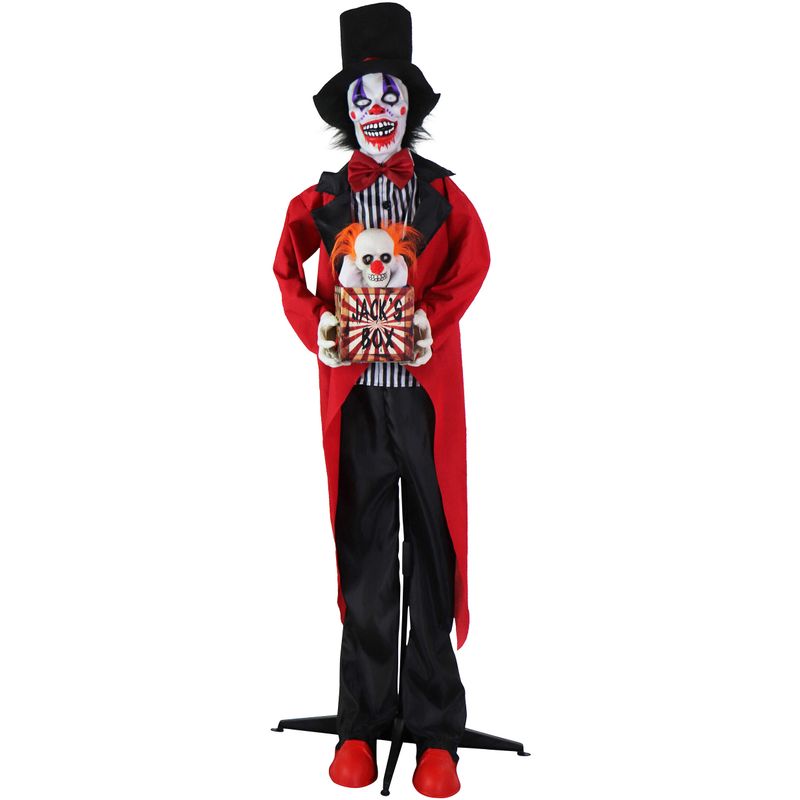 Standing Clown and Animatronic Talking Skull Clown in a Box for Scary Halloween Decoration