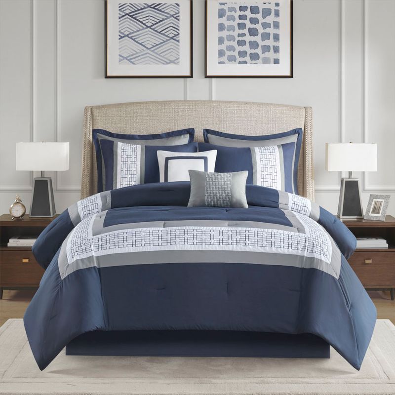 Navy Powell 8 Piece Embroidered Comforter Set Cal King