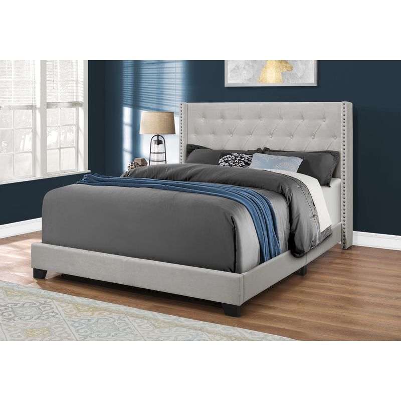 Bed - Queen Size / Light Grey Velvet With Chrome Trim