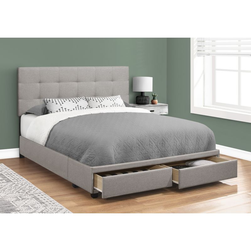 Bed - Queen Size / Grey Linen With 2 Storage Drawers