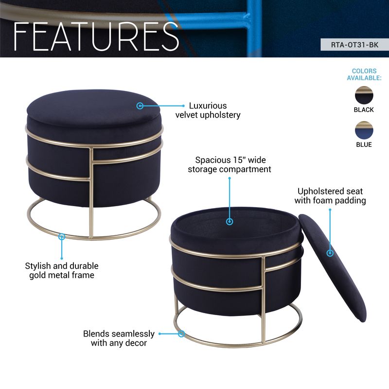 Techni Home Elegant Velvet Round Ottoman with Gold Frame and Storage, Black