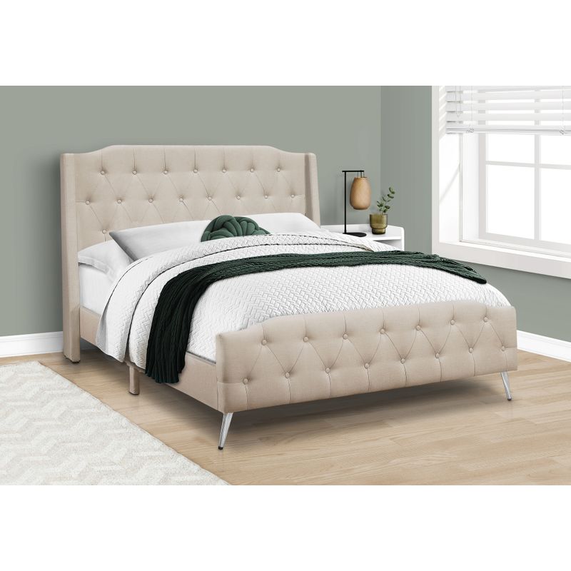 Bed - Queen Size / Beige Linen With Chrome Metal Legs