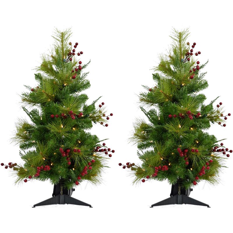 Fraser Hill Farm 3.6' Newberry Pine Tree - Clear LED Lights, Set of 2, Battery Box