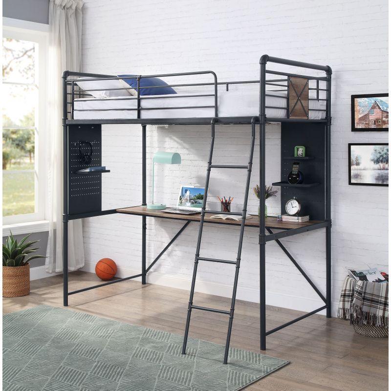 ACME Cordelia Twin Loft Bed w/Desk, Antique Oak, Sandy Black & Dark Bronze Hand-Brushed Finish