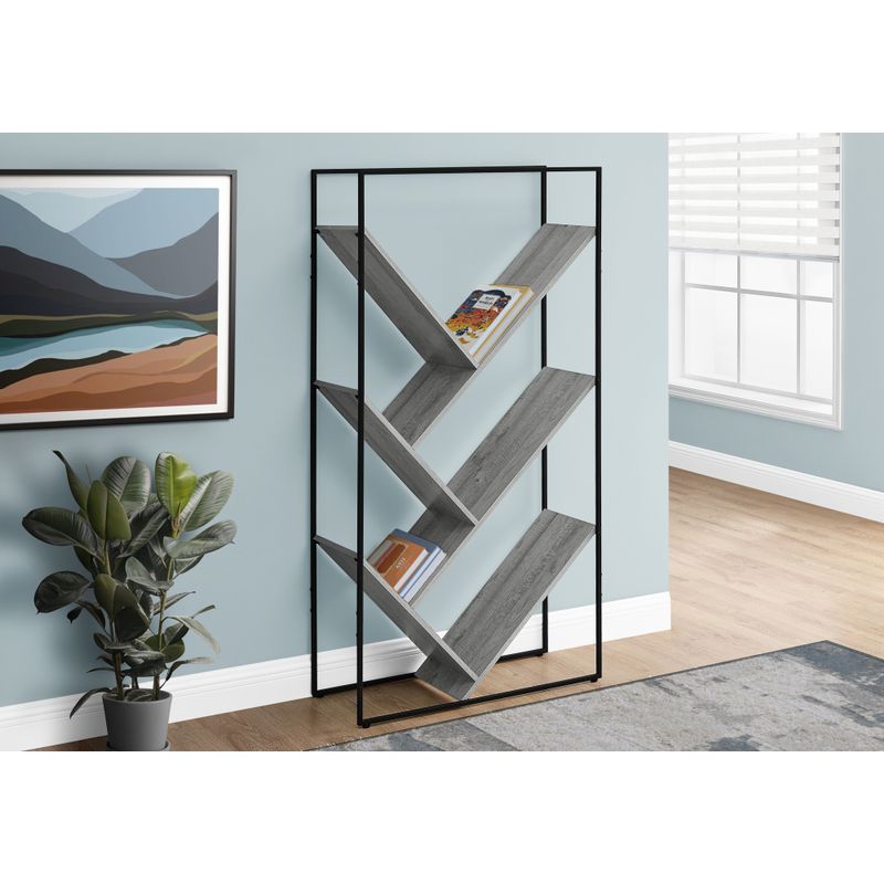 Bookshelf/ Bookcase/ Etagere/ 3 Tier/ 60"H/ Office/ Bedroom/ Metal/ Laminate/ Grey/ Black/ Contemporary/ Modern