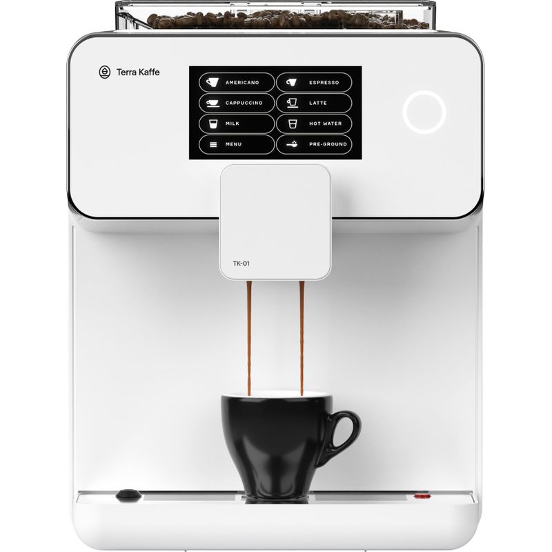 Terra Kaffe - Super Automatic Programmable Espresso Machine with 9 Bars of Pressure Milk Frother Automatic Grinder - White