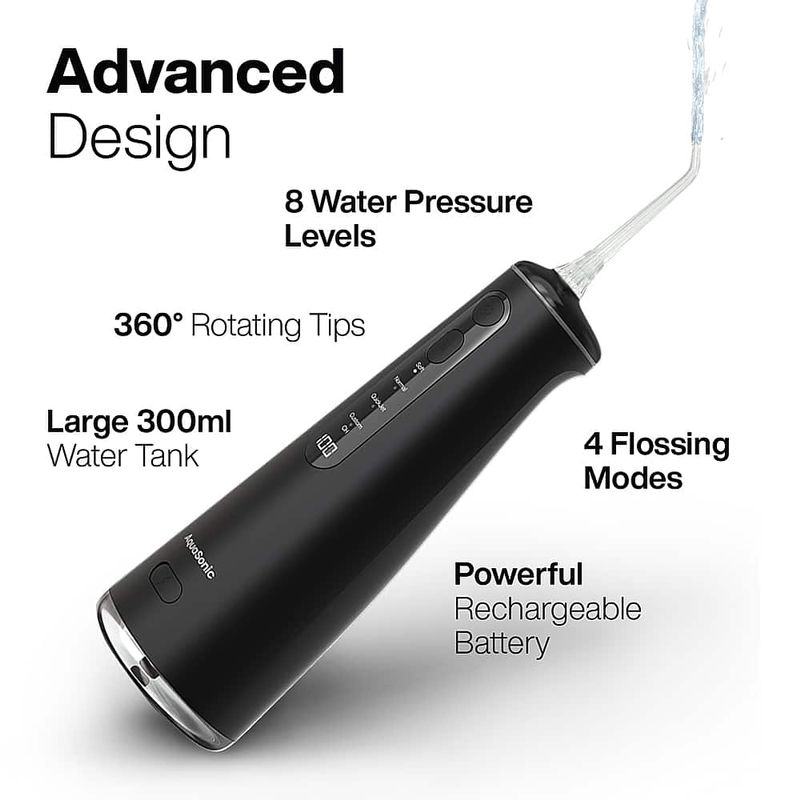 AquaSonic - Elite - Portable Cordless Water Flosser - 4 Modes 8 Pressure Settings 4 Tips 300ml Tank Rechargable Travel Bag - black