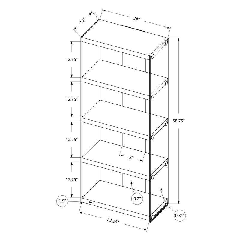 Bookshelf/ Bookcase/ Etagere/ 5 Tier/ 60"H/ Office/ Bedroom/ Tempered Glass/ Laminate/ Brown/ Clear/ Contemporary/ Modern