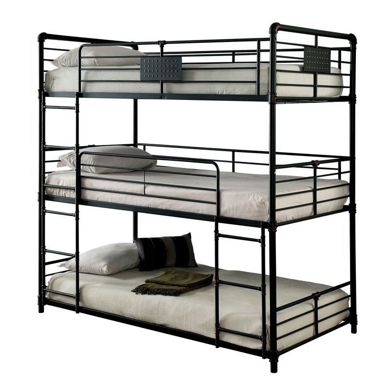 Industrial Metal Full Triple Bunk Bed in Antique Black