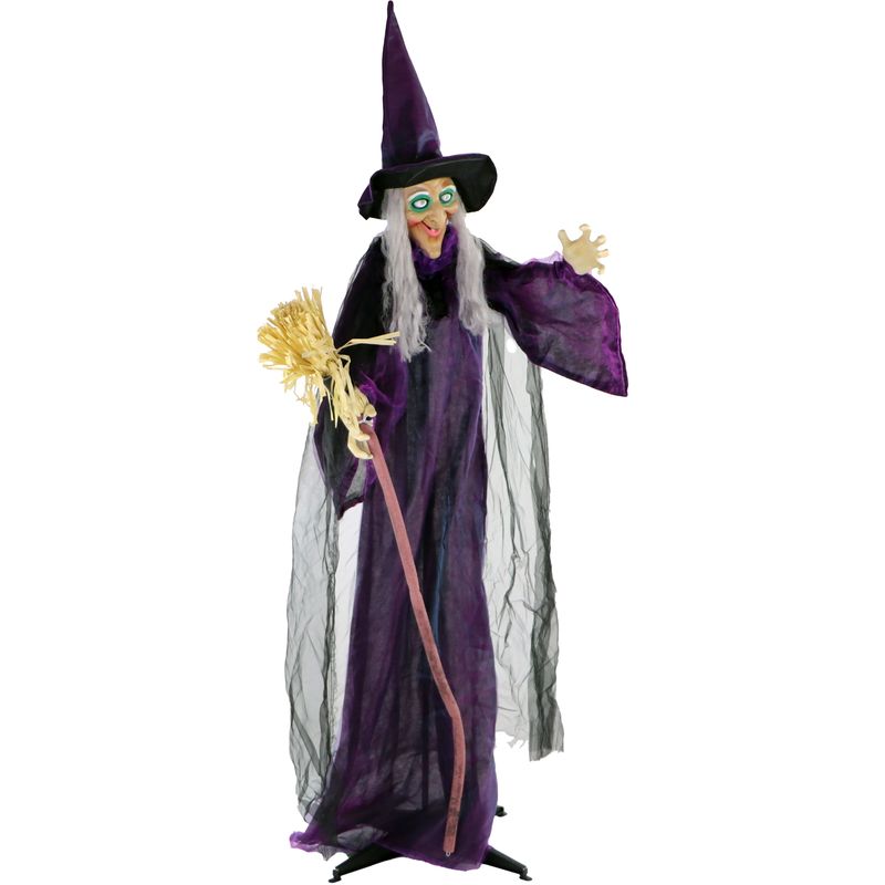 Life-Size Animatronic Witch with Broomstick, Lights and Sound, Indoor/Covered Outdoor Halloween Decoration