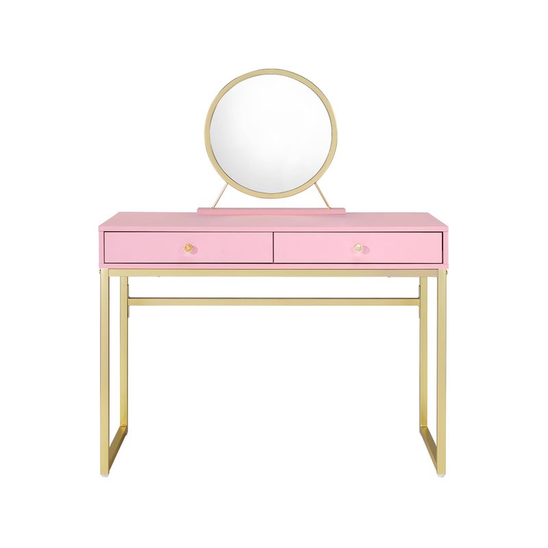 ACME Coleen Vanity Desk w/Mirror & Jewelry Tray, Pink & Gold Finish