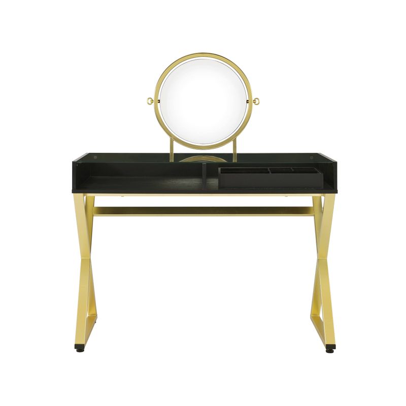 ACME Coleen Vanity Desk w/Mirror & Jewelry Tray, Black & Gold Finish