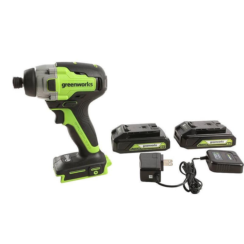 Greenworks - 24-Volt Cordless Brushless 1/4" Impact Driver (2 x 1.5Ah USB Batteries and Charger Included) - green