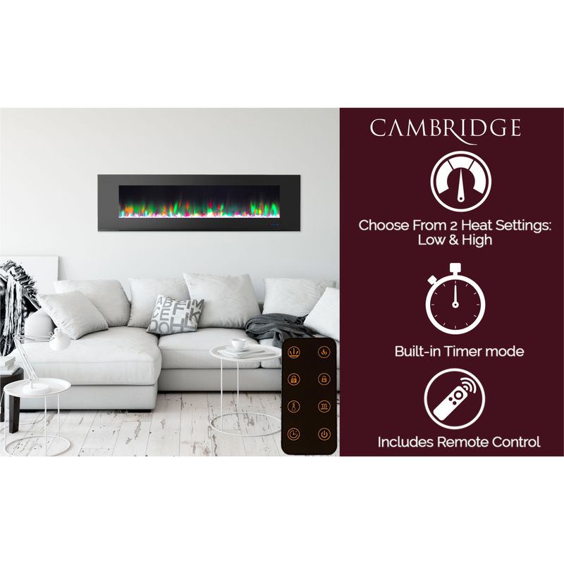72-In. Wall-Mount Electric Fireplace in Black with Multi-Color Flames and Crystal Rock Display