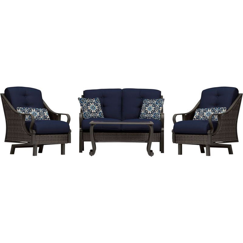 Ventura 4pc Seating Set: Sofa, 2 glide chairs, ceramic tile coffee table