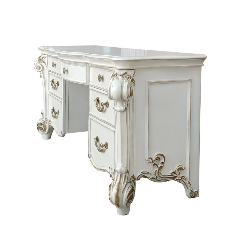 ACME Vendome Vanity Desk, Beige Synthetic Leather & Antique Silver Finish