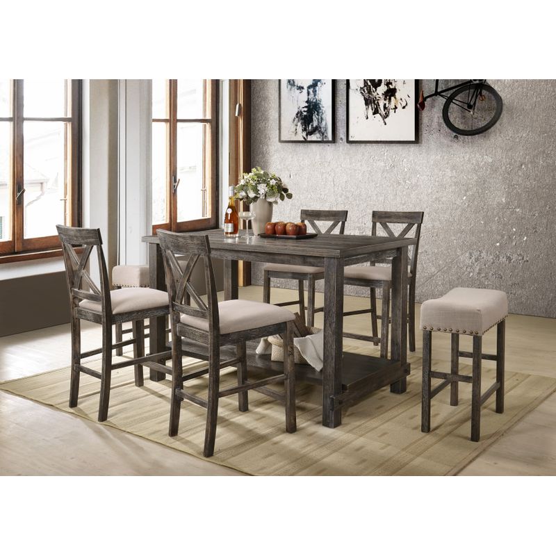 ACME Martha II Counter Height Stool (Set-2), Tan Linen & Weathered Gray