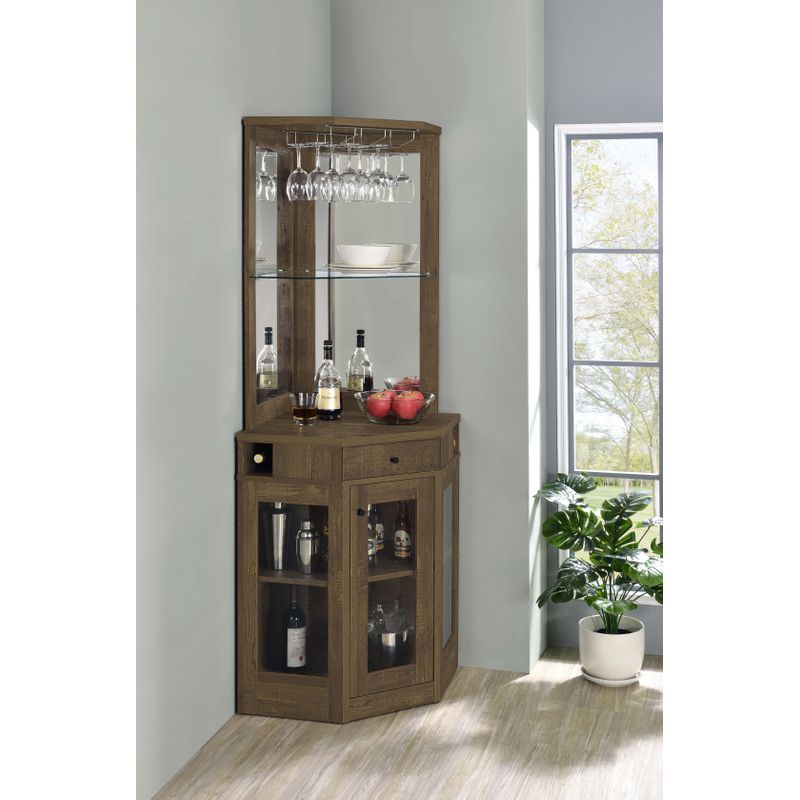 Alviso Corner Bar Cabinet with Stemware Rack Rustic Oak