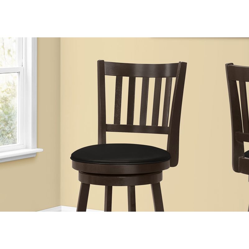 Bar Stool/ Set Of 2/ Swivel/ Bar Height/ Wood/ Pu Leather Look/ Brown/ Black/ Transitional