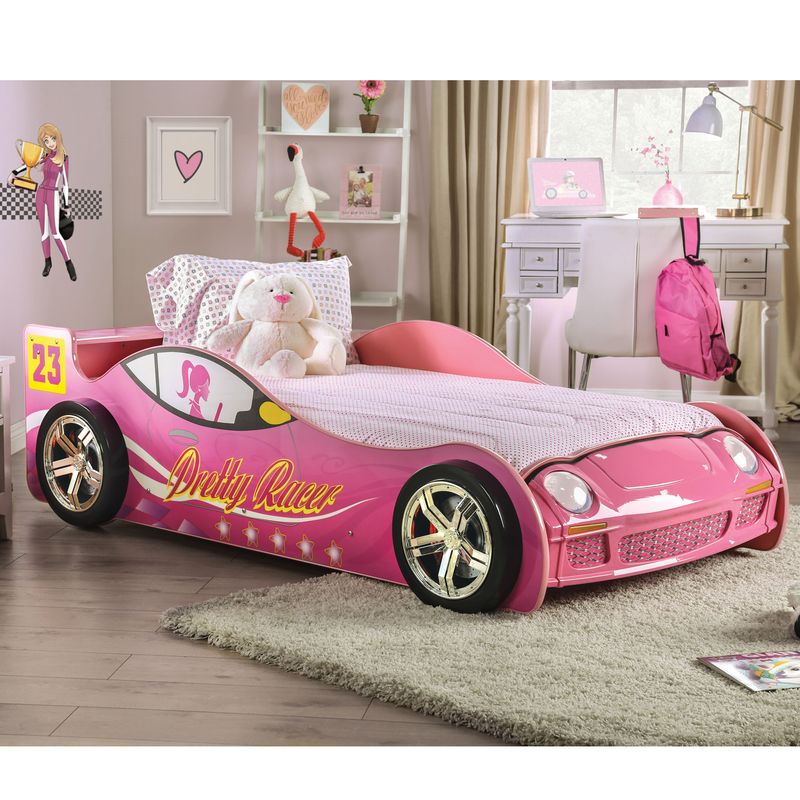 Novelty Pink Twin Race Car Bed