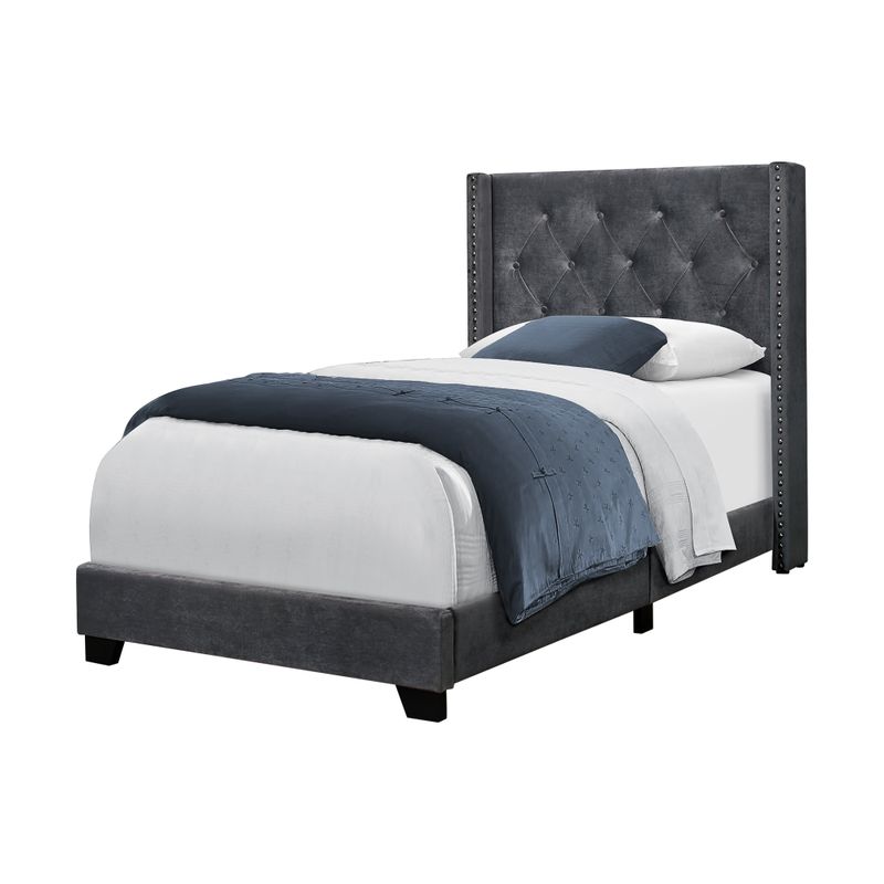 Bed - Twin Size / Dark Grey Velvet With Chrome Trim