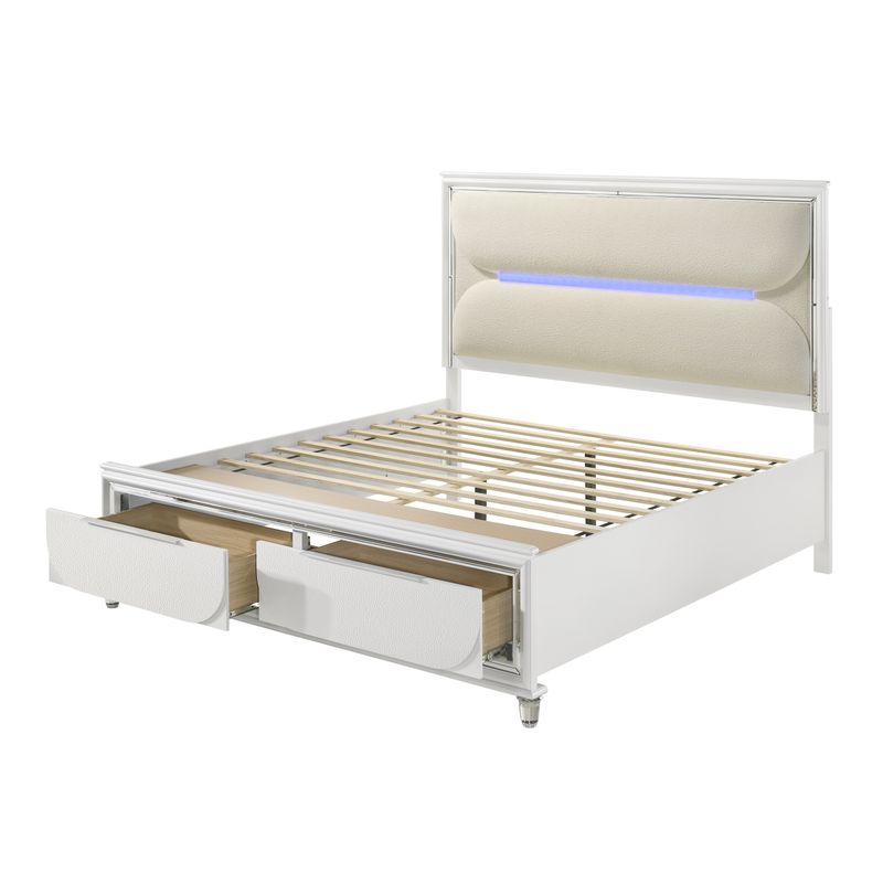 ACME Tarian Queen Bed w/Storage & LED, White Boucle & Pearl White Finish