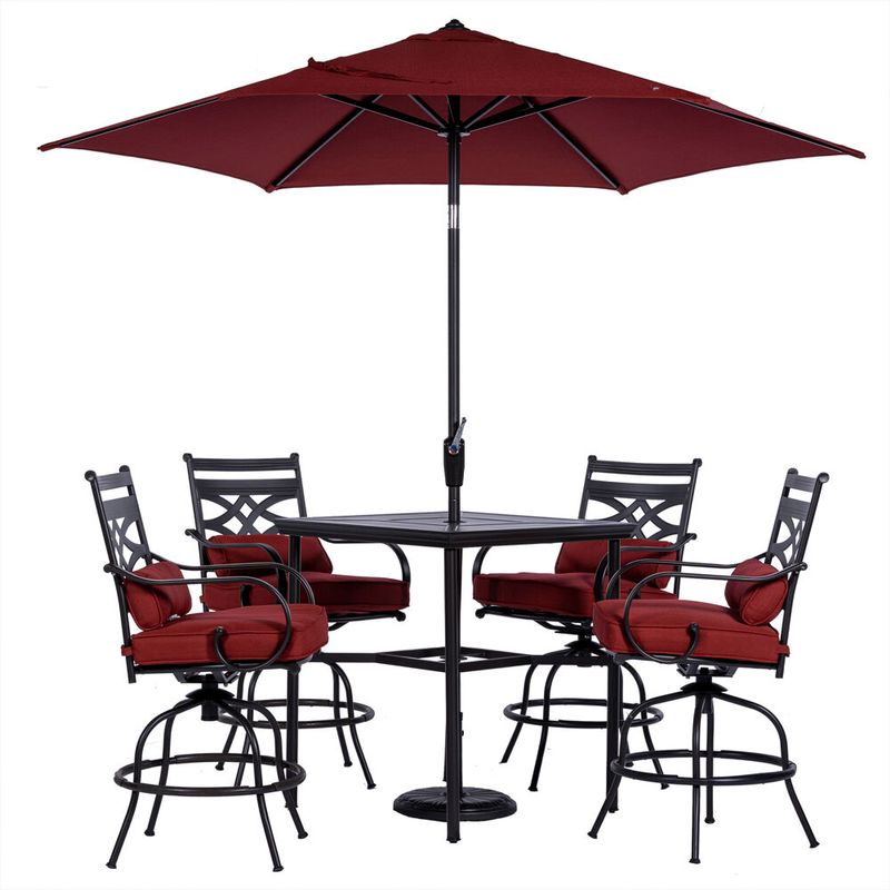 Montclair 5pc High Dining: 4 Swivel Chairs, 33" Square High Table, Umbrella & Base