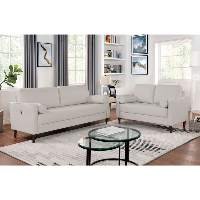 Mid-century Modern Faux Leather 2-Piece Sofa Set with USB in Ivory