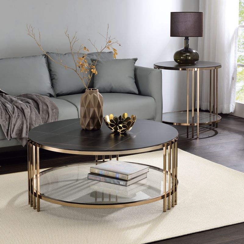 ACME Abisha 3pc Living Room Table Set, Sintered Stone Top & Champagne Finish