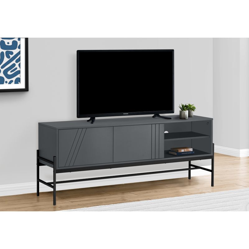 TV Stand - 60"L / Grey / Black Metal With Storage