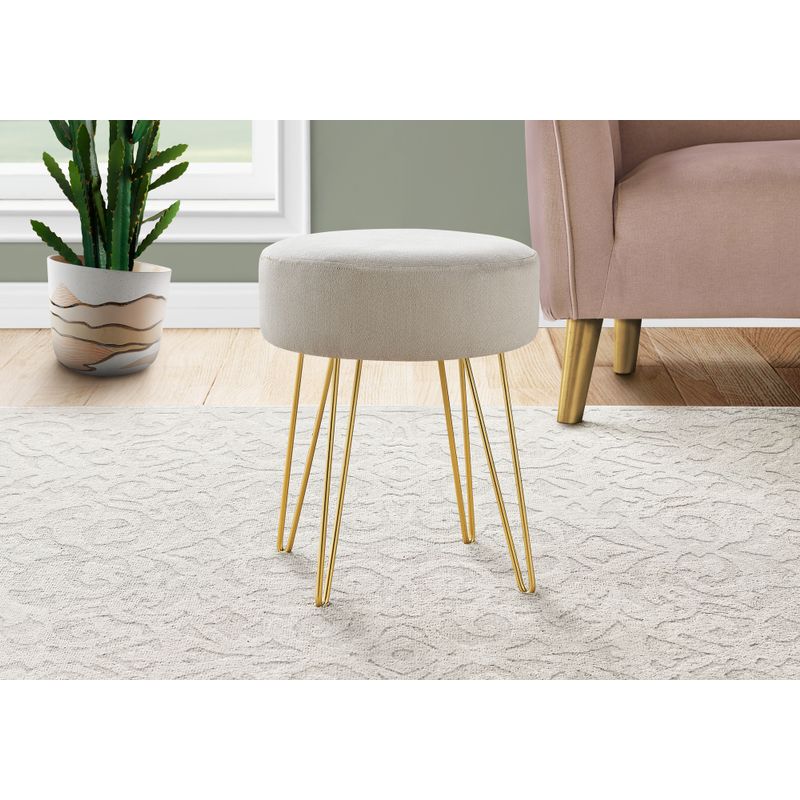 Ottoman/ Pouf/ Footrest/ Foot Stool/ 14" Round/ Fabric/ Metal Legs/ Beige/ Gold/ Contemporary/ Modern