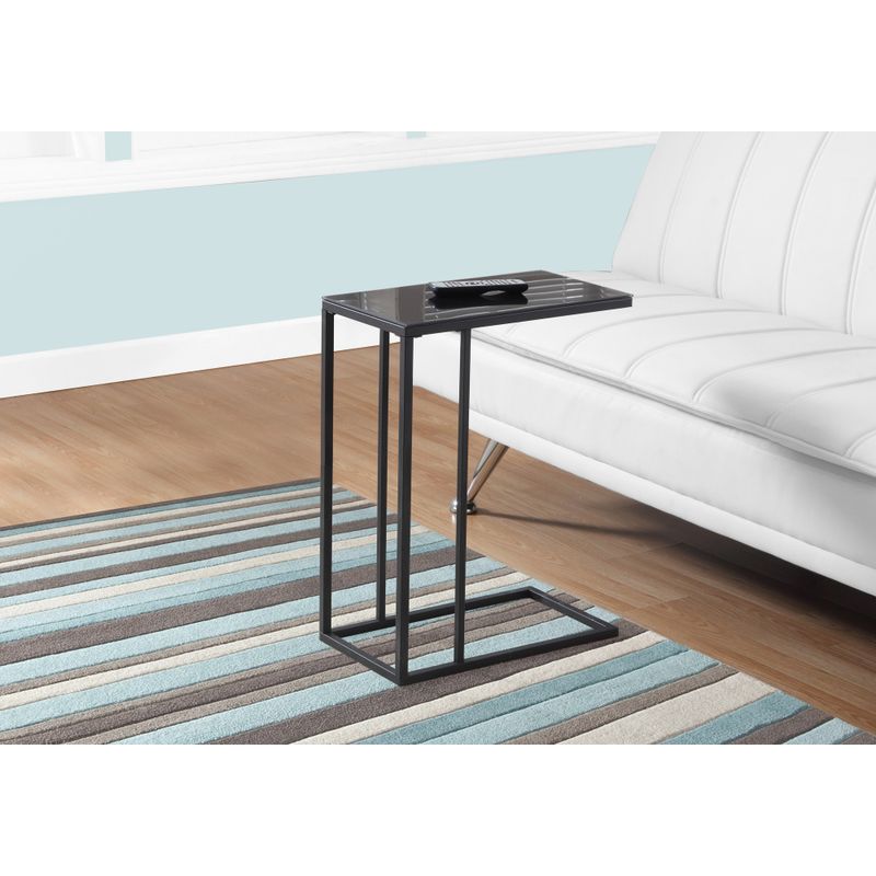 Accent Table/ C-shaped/ End/ Side/ Snack/ Living Room/ Bedroom/ Metal/ Tempered Glass/ Black/ Contemporary/ Modern