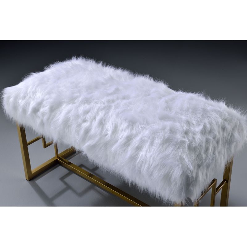 ACME Bagley II Bench, White Faux Fur & Gold