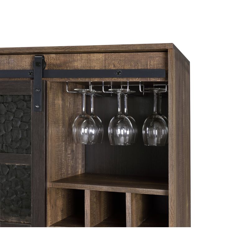 ACME Treju Wine Cabinet, Obscure Glass, Rustic Oak & Black Finish