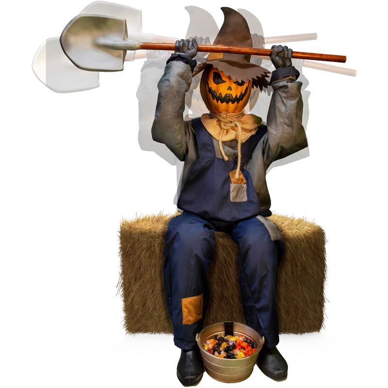 Motion Activated Smiling Jack the Sitting Scarecrow by Tekky, Premium Talking Halloween Animatronic, Plug-In or Battery