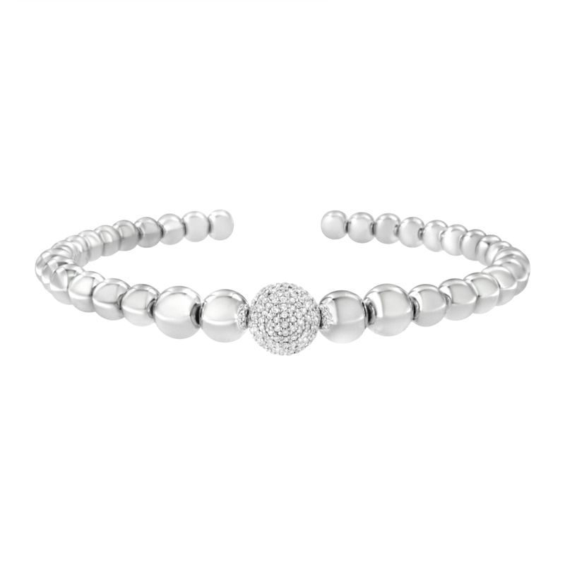 .925 Sterling Silver 1/6 Cttw Diamond Rondelle Graduated Ball Bead Cuff Bangle Bracelet (I-J color, I2-I3 clarity) - Fits wrists up to 7 1/2