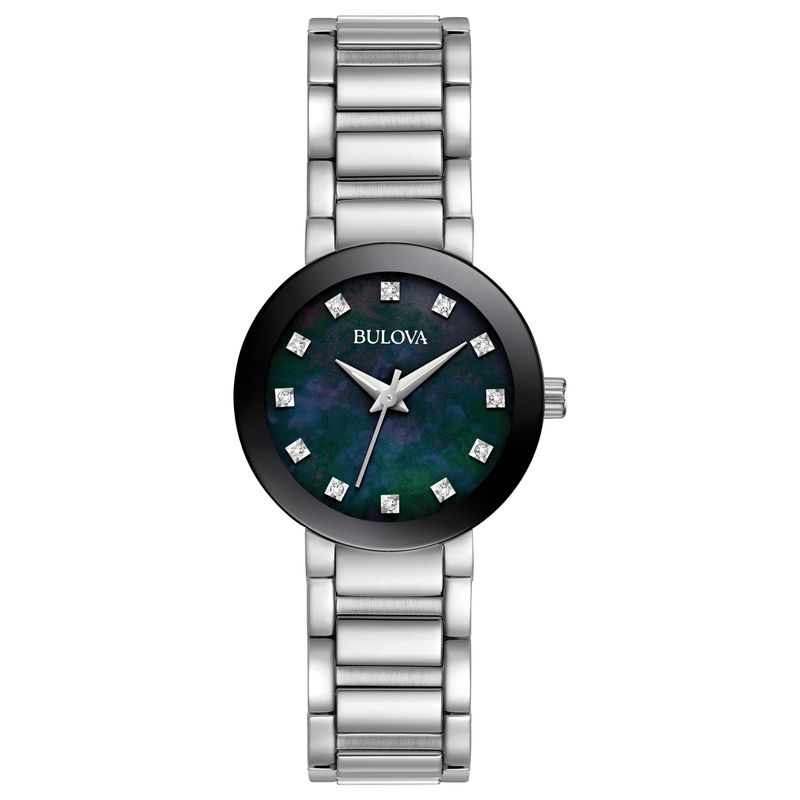Bulova - Ladies Modern Silver-Tone Stainless Steel Watch Black Mother-of-Pearl