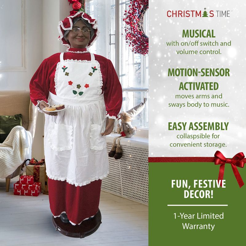 Christmas Time 58-In. African American Dancing Mrs. Claus with Apron and Christmas Cookies, Animated Indoor Holiday Home Decor