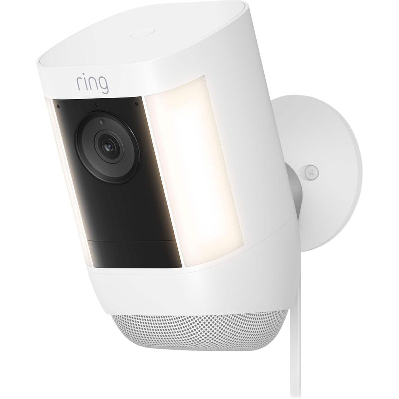 Spotlight Cam Pro, Plug-In with 2K Video and Ring Vision, LED Lights, Dual-Band Wifi, and 3D Motion Detection - White